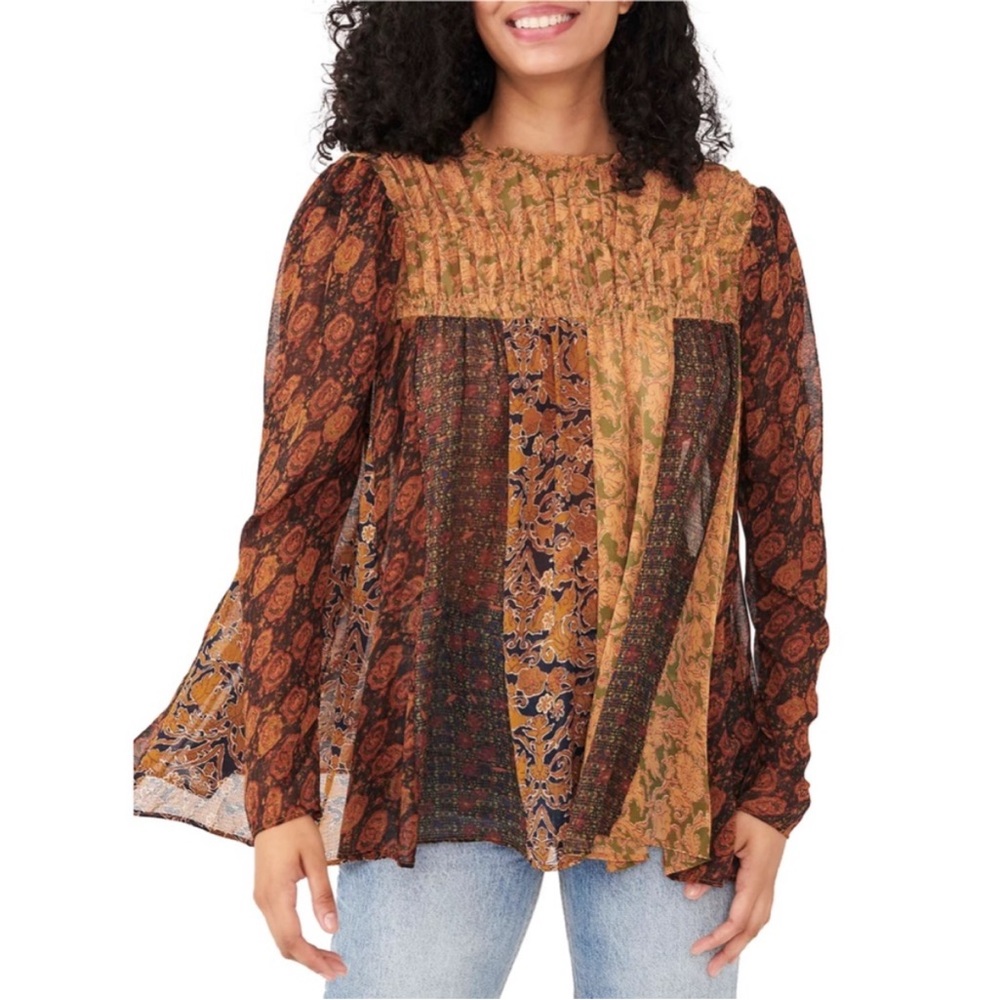Free People Merrie Patchwork Tunic Top Boho Smocked Small
